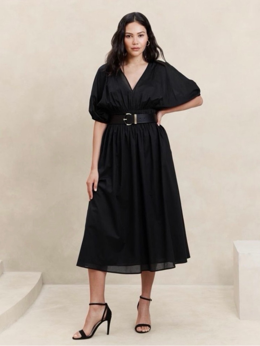 NWT! Banana Republic Black Voile Elbow-Sleeve Midi Dress - Size Medium